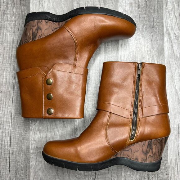 Sanita Maddox Fold Over Wedge Leather Booties Ankle Boot Faux Wood 38 US 7.5-8 - Picture 3 of 10